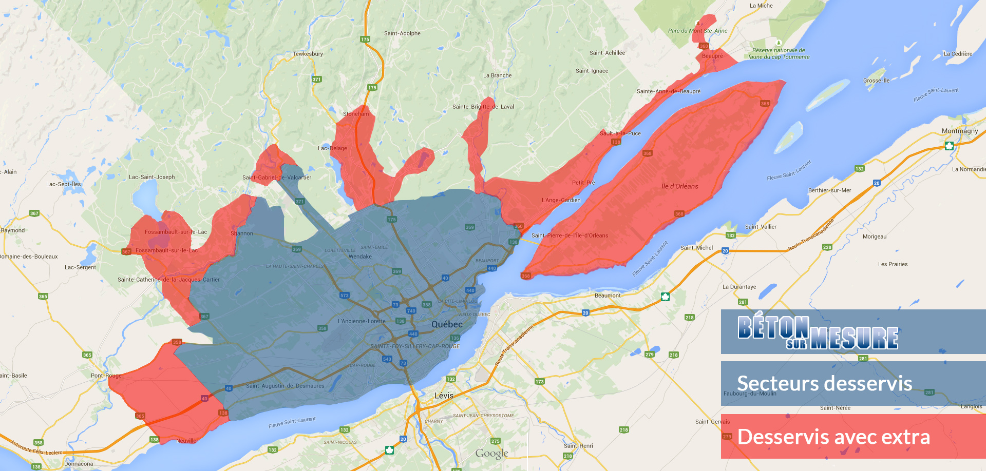 Carte région de Québec | Livraison de béton à Québec
