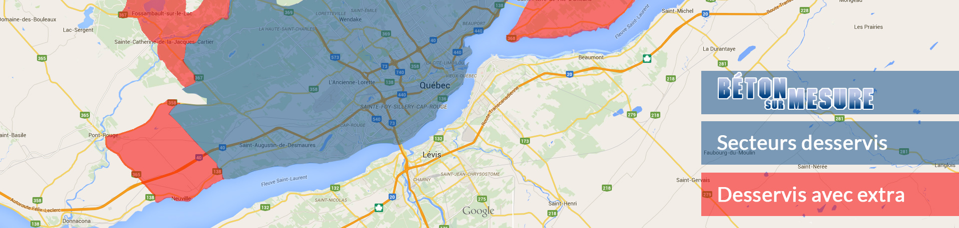 Livraison de béton à Québec : Carte des secteurs desservis