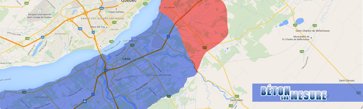 Livraison de béton à Lévis : Carte des secteurs desservis